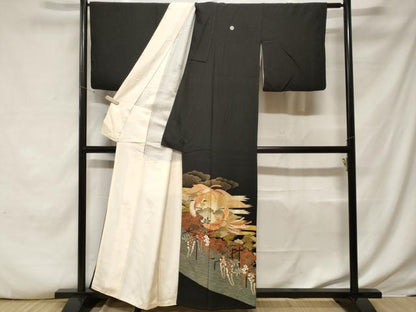 平和屋着物■豪華黒留袖　駒刺繍　鳳凰富士花房松文　暈し染め　金彩　正絹　逸品　CABF3814ev