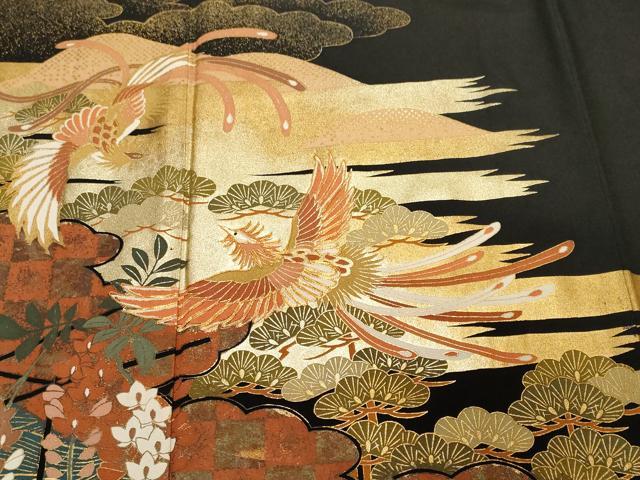 平和屋着物■豪華黒留袖　駒刺繍　鳳凰富士花房松文　暈し染め　金彩　正絹　逸品　CABF3814ev