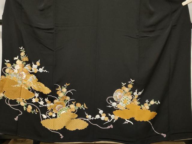 平和屋着物■豪華黒留袖　駒刺繍　雲取り鼓草花文　金彩　正絹　逸品　CABF3828ev