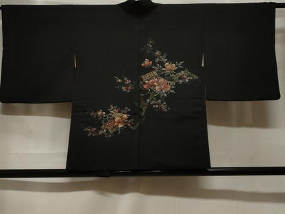 平和屋着物＃羽織　寿光織　几帳花文　黒地　金銀糸　正絹　逸品　CABF3863ev