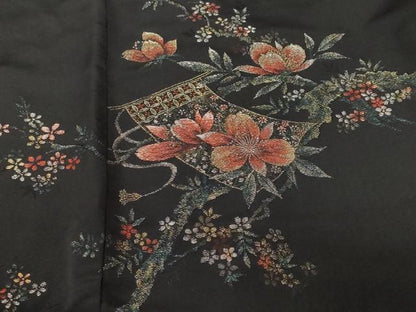 平和屋着物＃羽織　寿光織　几帳花文　黒地　金銀糸　正絹　逸品　CABF3863ev
