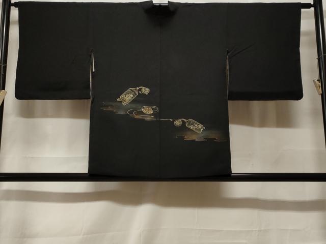 平和屋着物＃羽織　寿光織　印籠　黒地　金糸　正絹　逸品　CABF3866ev