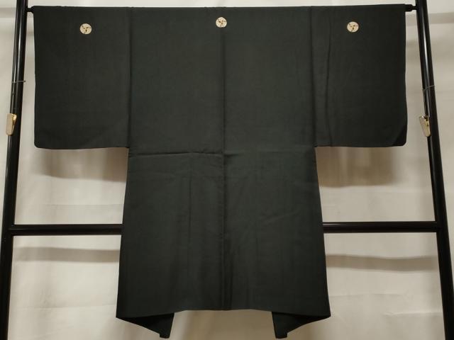 平和屋着物＃男性　黒紋付　長羽織　羽裏：草花文　正絹　逸品　CABF3869ev