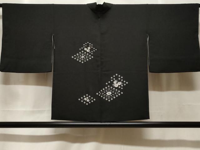 平和屋着物＃羽織　刺繍　地紋起こし　菱花文　黒地　正絹　逸品　CABF3875ev