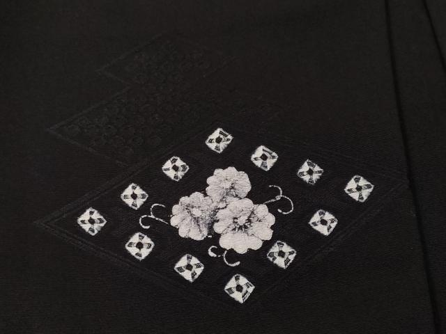 平和屋着物＃羽織　刺繍　地紋起こし　菱花文　黒地　正絹　逸品　CABF3875ev