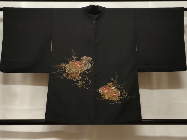平和屋着物＃羽織　寿光織　文箱花文　黒地　金銀糸　正絹　逸品　CABF3877ev