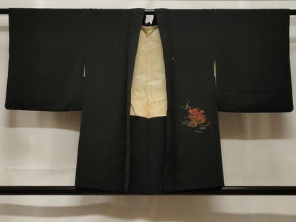 平和屋着物＃羽織　寿光織　文箱花文　黒地　金銀糸　正絹　逸品　CABF3877ev