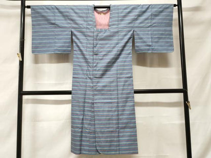 平和屋着物＃道行コート　雨コート　単衣　横段文　市松綾織　ロング丈　三越扱い　正絹　逸品　CABF3881ev