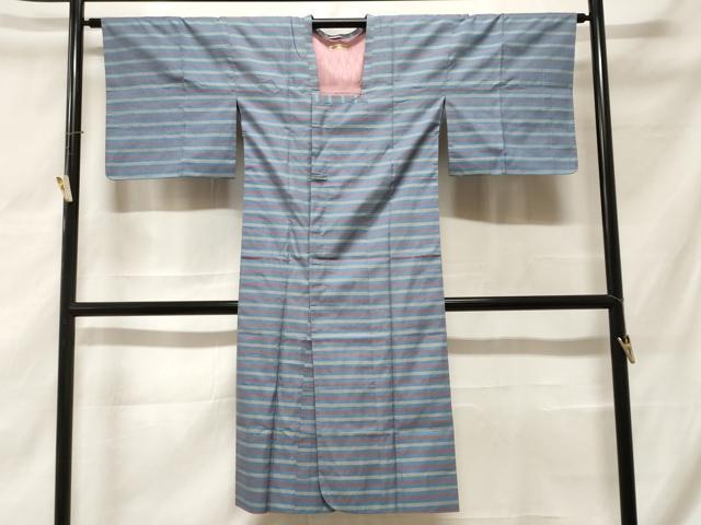 平和屋着物＃道行コート　雨コート　単衣　横段文　市松綾織　ロング丈　三越扱い　正絹　逸品　CABF3881ev
