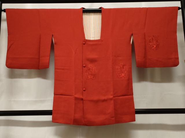 平和屋着物＃中国三大刺繍　スワトウ刺繍　道行コート　色無地　色紙花文　朱色　正絹　逸品　CABF3888ev
