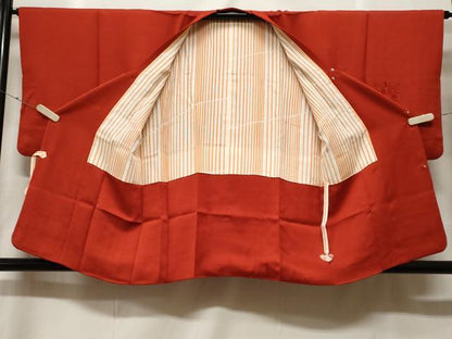 平和屋着物＃中国三大刺繍　スワトウ刺繍　道行コート　色無地　色紙花文　朱色　正絹　逸品　CABF3888ev