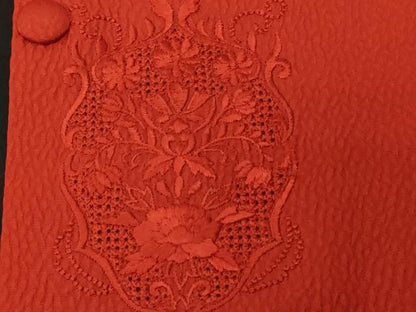 平和屋着物＃中国三大刺繍　スワトウ刺繍　道行コート　色無地　色紙花文　朱色　正絹　逸品　CABF3888ev