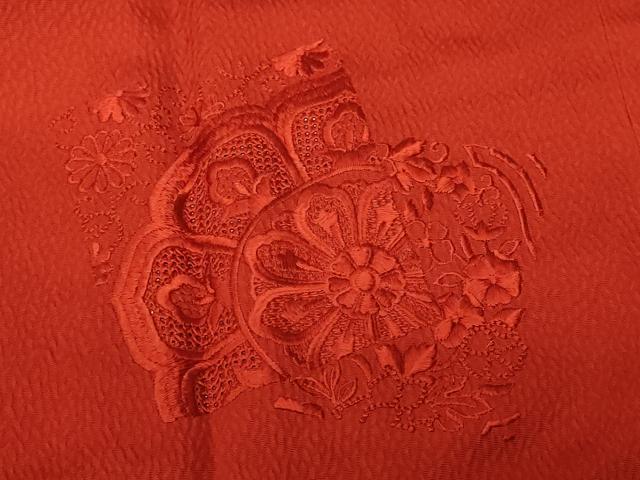 平和屋着物＃中国三大刺繍　スワトウ刺繍　道行コート　色無地　色紙花文　朱色　正絹　逸品　CABF3888ev