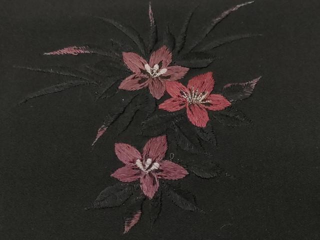 平和屋着物＃羽織　総刺繍　草花文　黒地　正絹　逸品　CABF3894ev