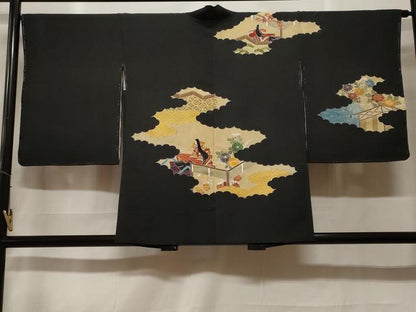 平和屋着物＃羽織　駒刺繍　十二単　花文　黒地　金彩　正絹　逸品　未使用　CABF3897ev