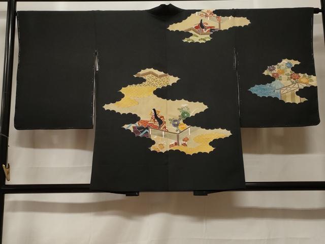 平和屋着物＃羽織　駒刺繍　十二単　花文　黒地　金彩　正絹　逸品　未使用　CABF3897ev