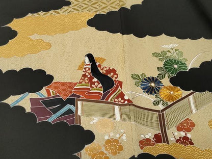 平和屋着物＃羽織　駒刺繍　十二単　花文　黒地　金彩　正絹　逸品　未使用　CABF3897ev