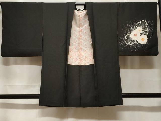 平和屋着物＃羽織　草花文　暈し染め　黒地　正絹　逸品　CABF3900ev