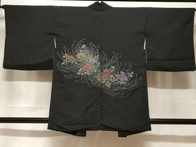 平和屋着物＃羽織　寿光織　乱菊草花文　黒地　金銀糸　正絹　逸品　CABF3906ev