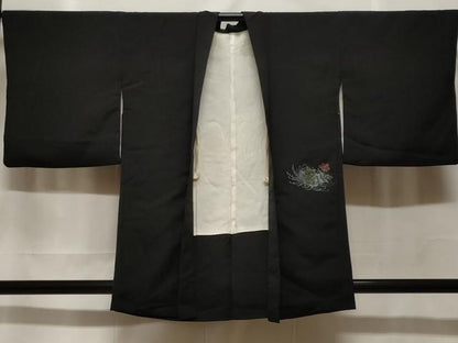 平和屋着物＃羽織　寿光織　乱菊草花文　黒地　金銀糸　正絹　逸品　CABF3906ev