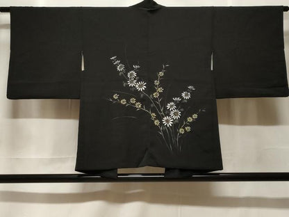 平和屋着物＃羽織　手描き　草花文　黒地　正絹　逸品　CABF3907ev