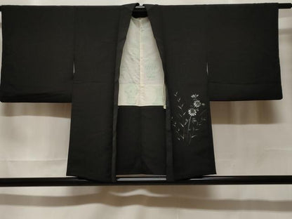 平和屋着物＃羽織　手描き　草花文　黒地　正絹　逸品　CABF3907ev