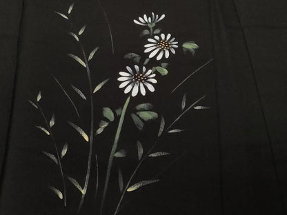 平和屋着物＃羽織　手描き　草花文　黒地　正絹　逸品　CABF3907ev