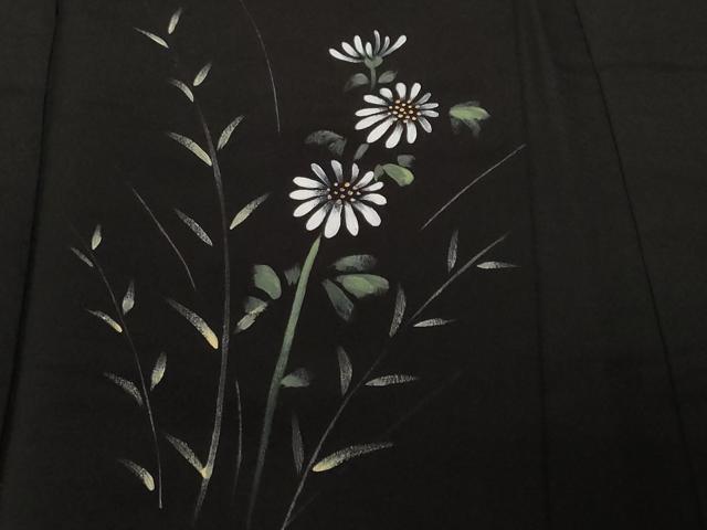 平和屋着物＃羽織　手描き　草花文　黒地　正絹　逸品　CABF3907ev