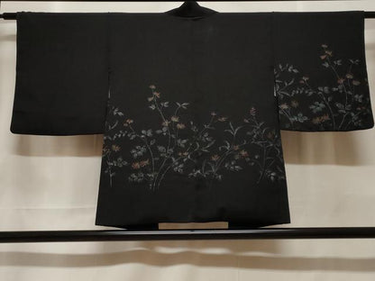 平和屋着物＃羽織　寿光織　枝花文　黒地　銀糸　正絹　逸品　CABF3909ev