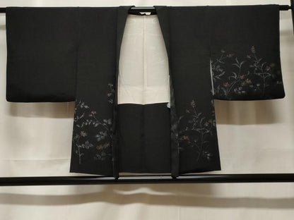 平和屋着物＃羽織　寿光織　枝花文　黒地　銀糸　正絹　逸品　CABF3909ev
