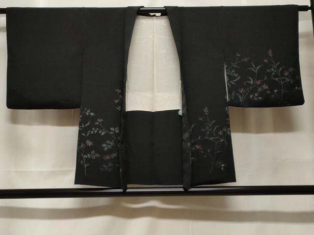 平和屋着物＃羽織　寿光織　枝花文　黒地　銀糸　正絹　逸品　CABF3909ev