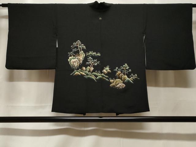 平和屋着物＃羽織　刺繍　風景文　黒地　金糸　正絹　逸品　CABF3910ev