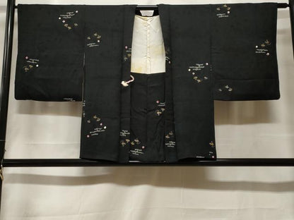 平和屋着物＃羽織　絞り　寿光織　エ霞扇面文　黒地　金糸　正絹　逸品　CABF3913ev