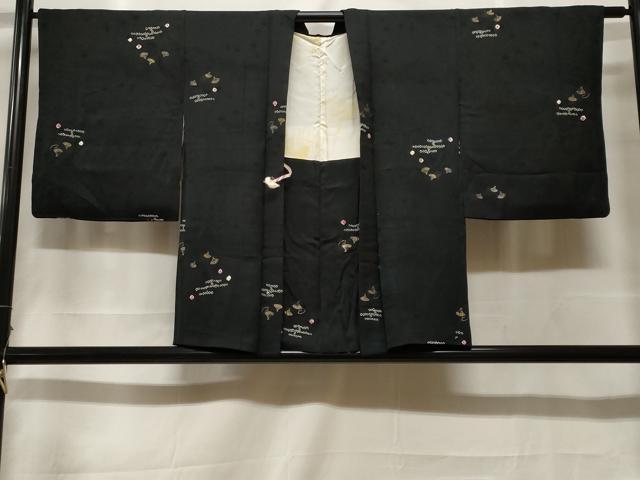 平和屋着物＃羽織　絞り　寿光織　エ霞扇面文　黒地　金糸　正絹　逸品　CABF3913ev