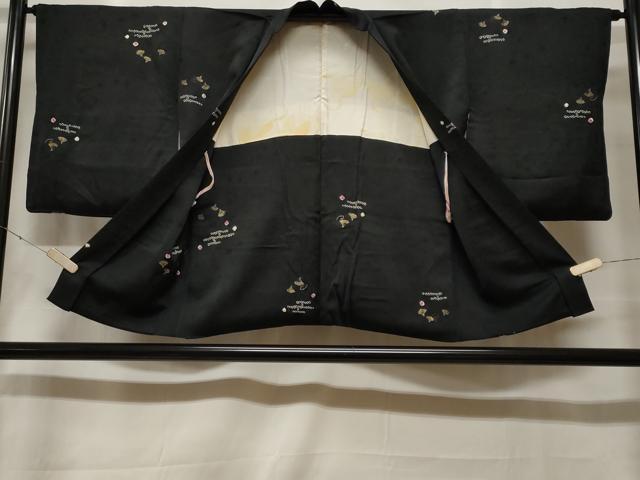 平和屋着物＃羽織　絞り　寿光織　エ霞扇面文　黒地　金糸　正絹　逸品　CABF3913ev