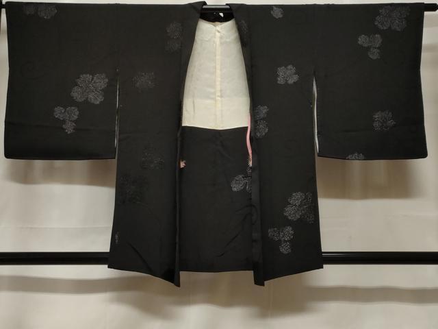 平和屋着物＃羽織　寿光織　花唐草文　黒地　銀糸　正絹　逸品　CABF3920ev