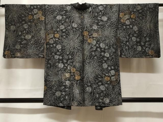 平和屋着物＃羽織　寿光織　乱菊花文　黒地　金銀糸　正絹　逸品　CABF3923ev