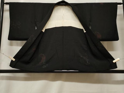 平和屋着物＃羽織　寿光織　草花丸文　黒地　金銀糸　正絹　逸品　CABF3927ev