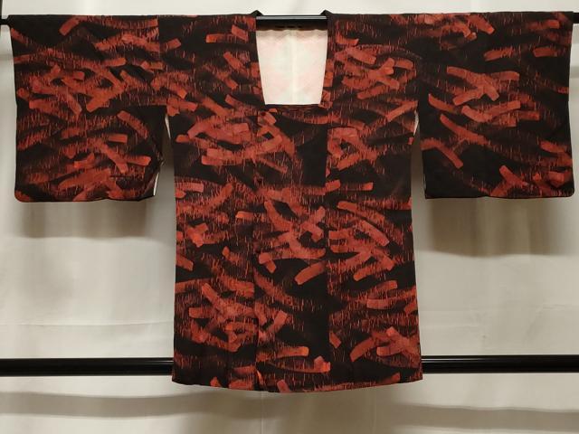 平和屋着物＃道行コート　ろうけつ染　幾何学文　黒地　正絹　逸品　CABF3932ev
