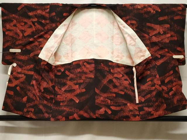 平和屋着物＃道行コート　ろうけつ染　幾何学文　黒地　正絹　逸品　CABF3932ev