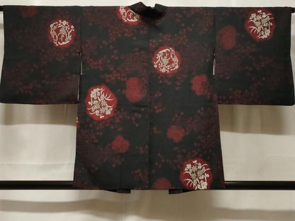 平和屋着物＃羽織　寿光織　草花丸文　黒地　銀糸　正絹　逸品　CABF3942ev