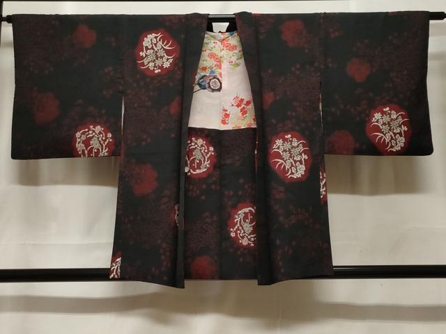 平和屋着物＃羽織　寿光織　草花丸文　黒地　銀糸　正絹　逸品　CABF3942ev