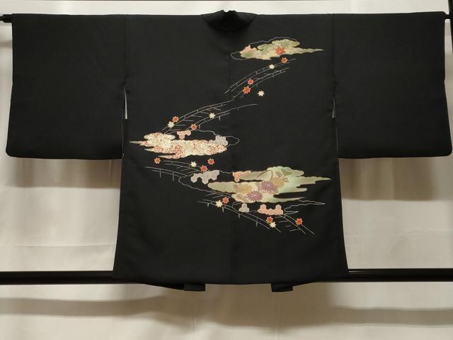 平和屋着物＃羽織　渡り橋吉祥花文　黒地　金彩　正絹　逸品　CABF3945ev