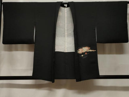 平和屋着物＃羽織　渡り橋吉祥花文　黒地　金彩　正絹　逸品　CABF3945ev