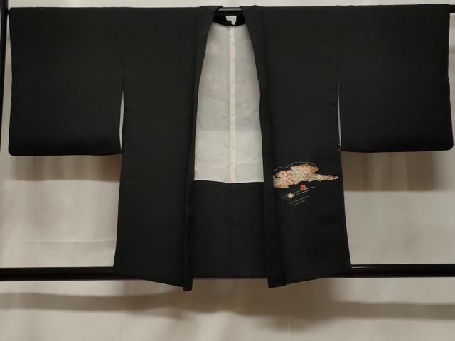 平和屋着物＃羽織　渡り橋吉祥花文　黒地　金彩　正絹　逸品　CABF3945ev