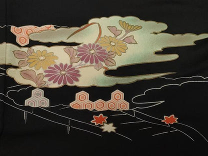 平和屋着物＃羽織　渡り橋吉祥花文　黒地　金彩　正絹　逸品　CABF3945ev