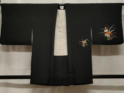 平和屋着物＃羽織　総刺繍　草花文　黒地　正絹　逸品　CABF3947ev