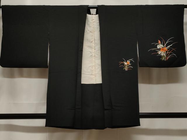 平和屋着物＃羽織　総刺繍　草花文　黒地　正絹　逸品　CABF3947ev