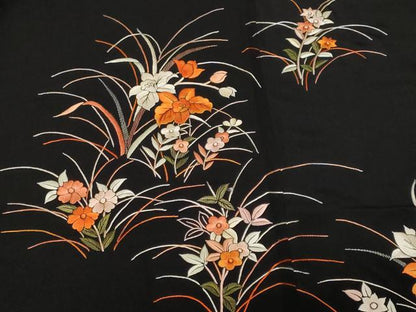 平和屋着物＃羽織　総刺繍　草花文　黒地　正絹　逸品　CABF3947ev