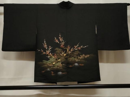 平和屋着物＃羽織　寿光織　風景枝梅文　黒地　金糸　正絹　逸品　CABF3950ev
